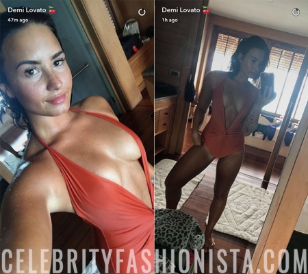 Demi Lovato, Karla Colletto Low Back Plunge Swimsuit (Snapchat April 22, 2017)