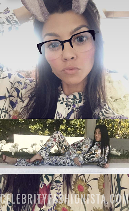 Kourtney Kardashian, Gucci Flora Print Silk Pajama Shirt And Pant Set (Snapchat April 18, 2017)